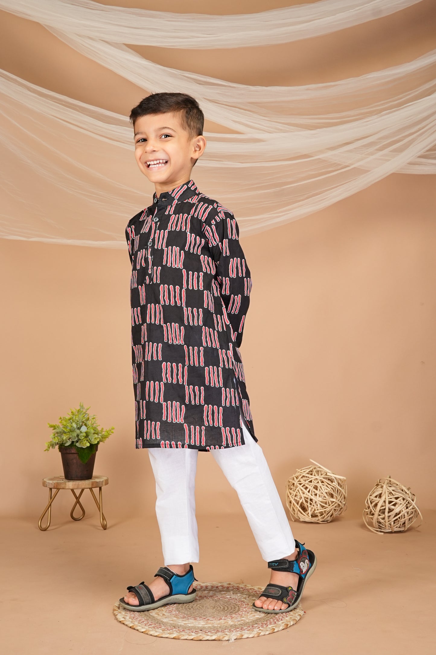 FabJunior Black Pure Cotton Straight Kurta & Pyjama Set_FJB1050