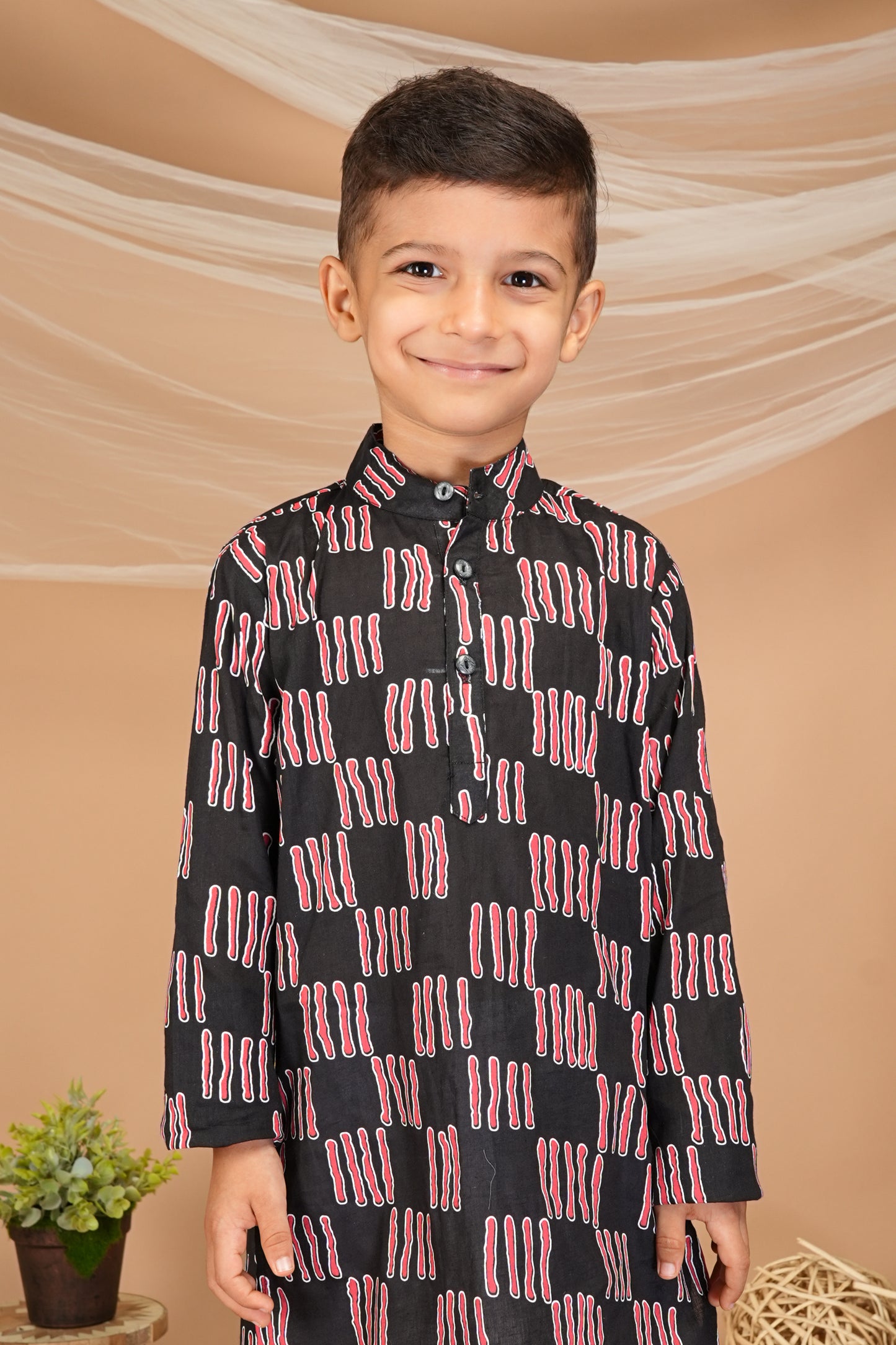 FabJunior Black Pure Cotton Straight Kurta & Pyjama Set_FJB1050