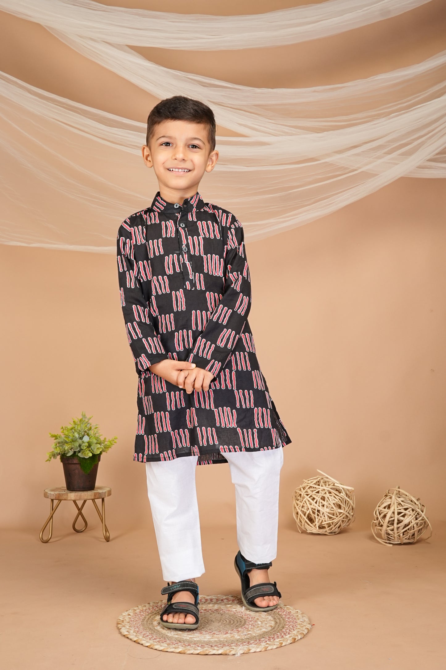 FabJunior Black Pure Cotton Straight Kurta & Pyjama Set_FJB1050