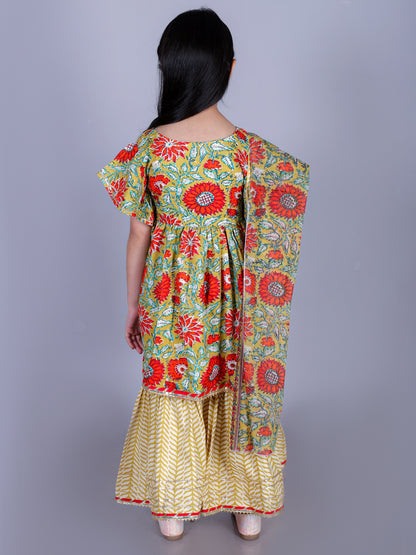 Anuttara Olive Green Cotton Blend Anarkali/Flared Kurta Sharara & Dupatta Set_FJG1005