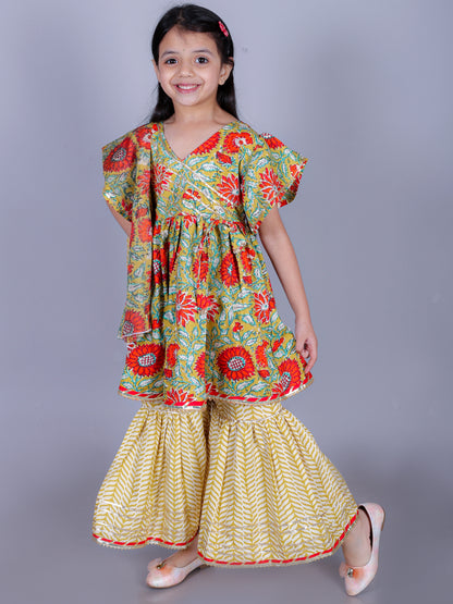 Anuttara Olive Green Cotton Blend Anarkali/Flared Kurta Sharara & Dupatta Set_FJG1005