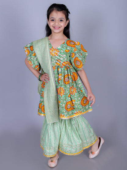 Anuttara Green Cotton Blend Anarkali/Flared Kurta Sharara & Dupatta Set_FJG1006