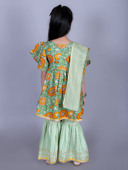 Anuttara Green Cotton Blend Anarkali/Flared Kurta Sharara & Dupatta Set_FJG1006