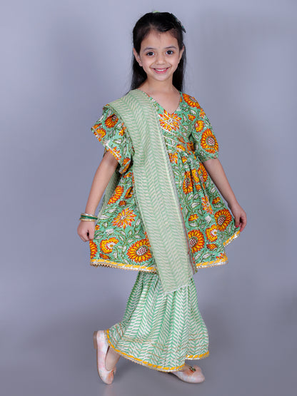 Anuttara Green Cotton Blend Anarkali/Flared Kurta Sharara & Dupatta Set_FJG1006