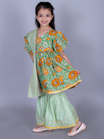 Anuttara Green Cotton Blend Anarkali/Flared Kurta Sharara & Dupatta Set_FJG1006