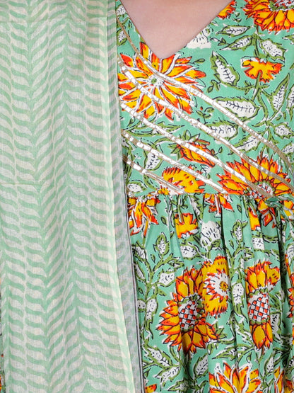 Anuttara Green Cotton Blend Anarkali/Flared Kurta Sharara & Dupatta Set_FJG1006