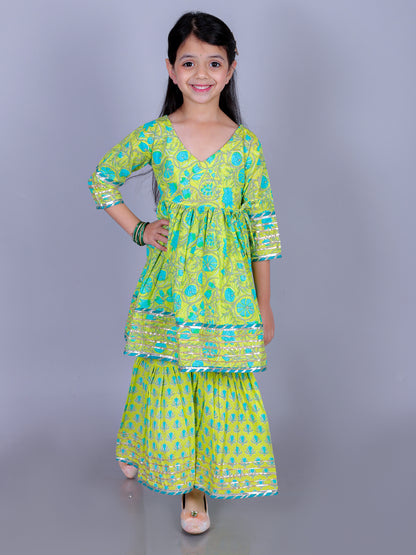 Anuttara Lime Green Cotton Blend Anarkali/Flared Kurta & Sharara Set_FJG1007