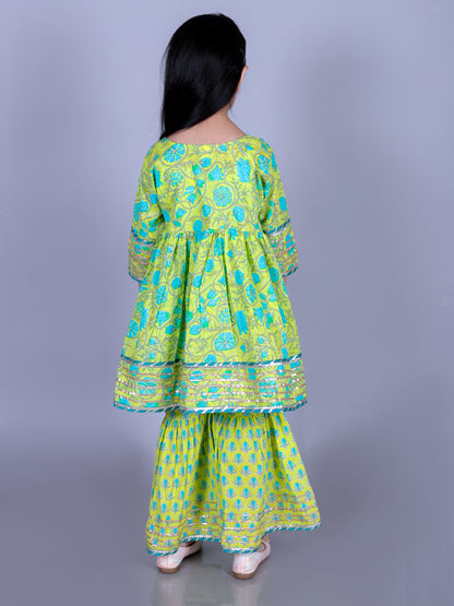 Anuttara Lime Green Cotton Blend Anarkali/Flared Kurta & Sharara Set_FJG1007
