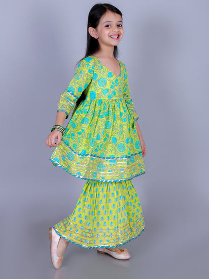Anuttara Lime Green Cotton Blend Anarkali/Flared Kurta & Sharara Set_FJG1007
