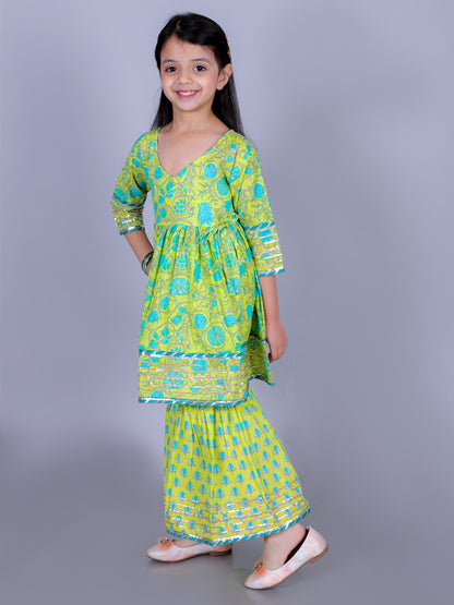 Anuttara Lime Green Cotton Blend Anarkali/Flared Kurta & Sharara Set_FJG1007
