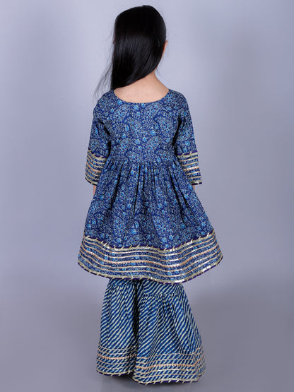 Anuttara Navy Blue Cotton Blend Anarkali/Flared Kurta & Sharara Set_FJG1009