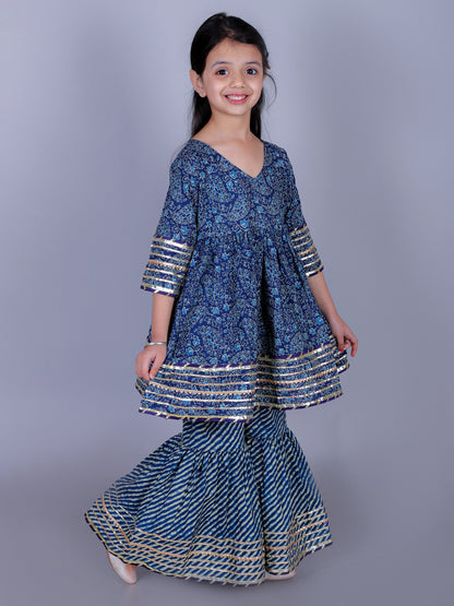 Anuttara Navy Blue Cotton Blend Anarkali/Flared Kurta & Sharara Set_FJG1009