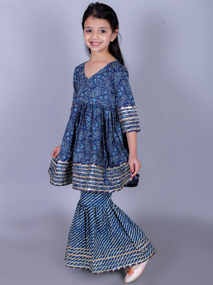 Anuttara Navy Blue Cotton Blend Anarkali/Flared Kurta & Sharara Set_FJG1009