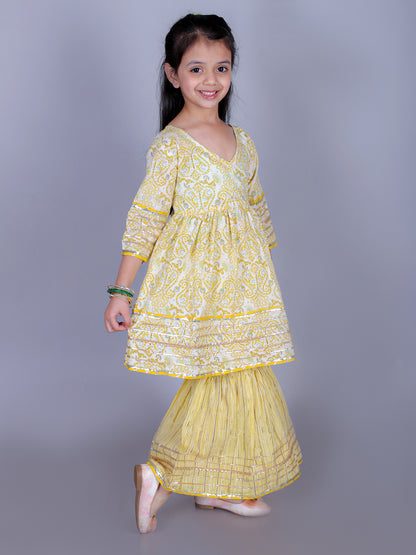 Anuttara Yellow Cotton Blend Anarkali/Flared Kurta & Sharara Set_FJG1011