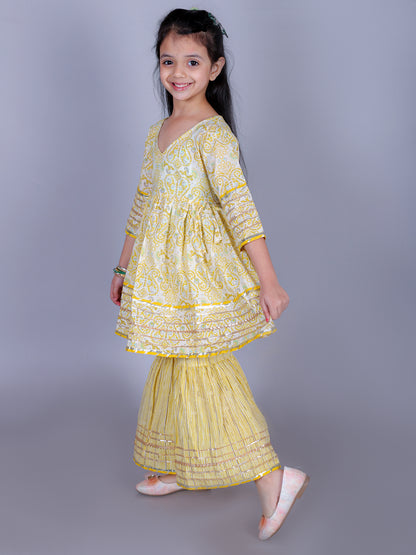 Anuttara Yellow Cotton Blend Anarkali/Flared Kurta & Sharara Set_FJG1011