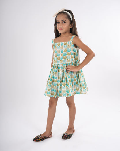 Anuttara Turquoise Pure Cotton Flared Frock_FJG1018