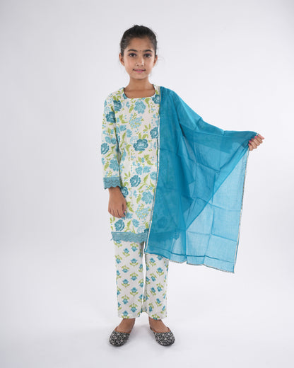 Anuttara Teal Pure Cotton Straight Kurta Pant & Dupatta Set_FJG1046