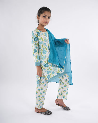 Anuttara Teal Pure Cotton Straight Kurta Pant & Dupatta Set_FJG1046