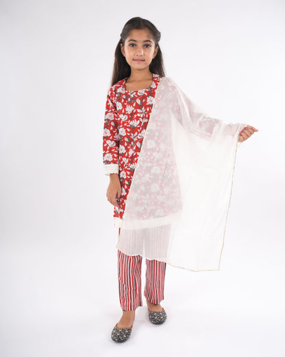 Anuttara Red Pure Cotton Straight Kurta Pant & Dupatta Set_FJG1047