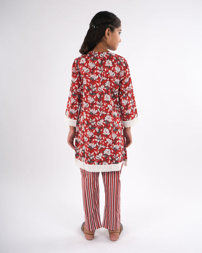 Anuttara Red Pure Cotton Straight Kurta Pant & Dupatta Set_FJG1047