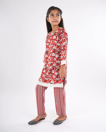 Anuttara Red Pure Cotton Straight Kurta Pant & Dupatta Set_FJG1047