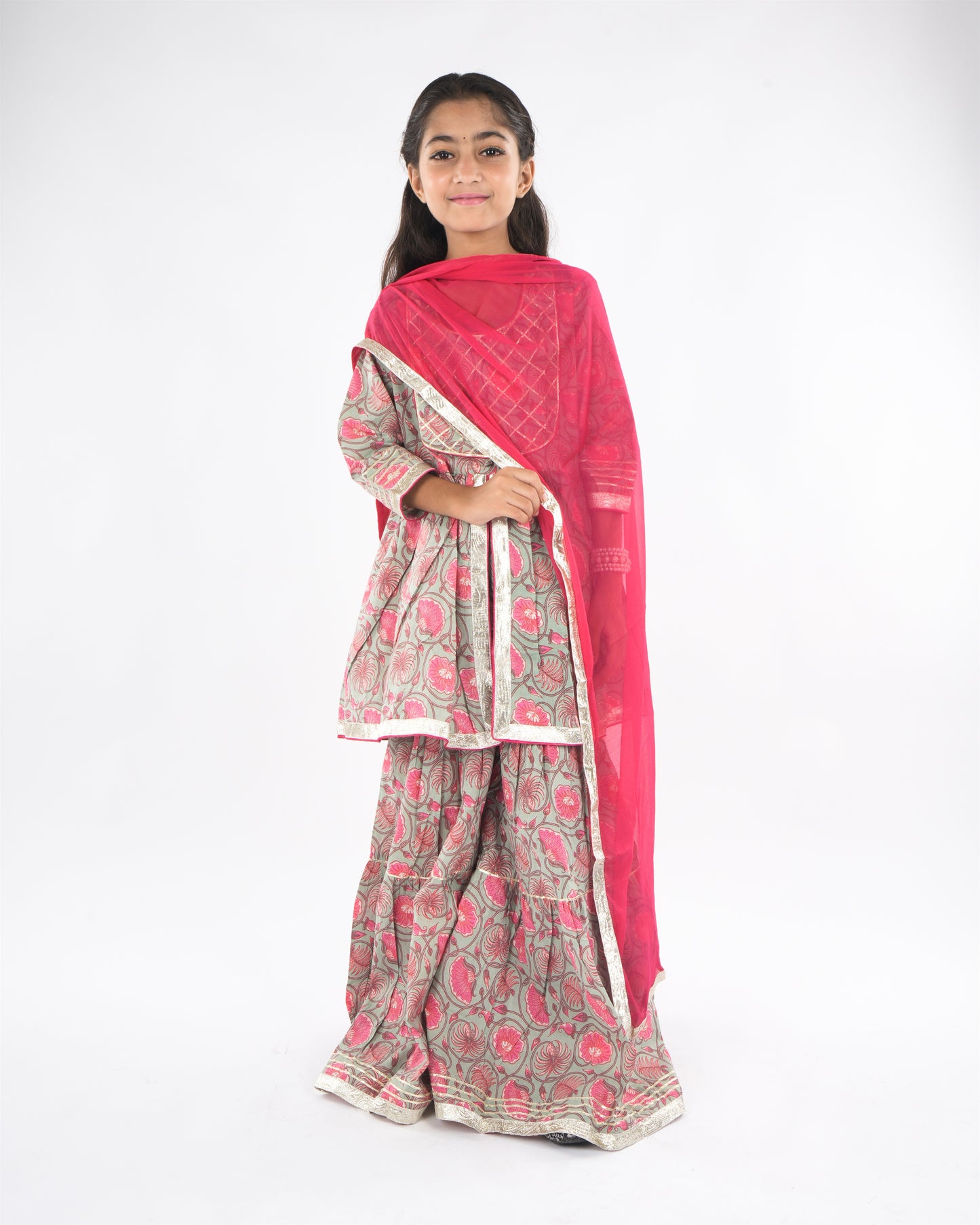 Girls Pure Cotton Anarkali/Flared Kurta, Sharara & Dupatta Set