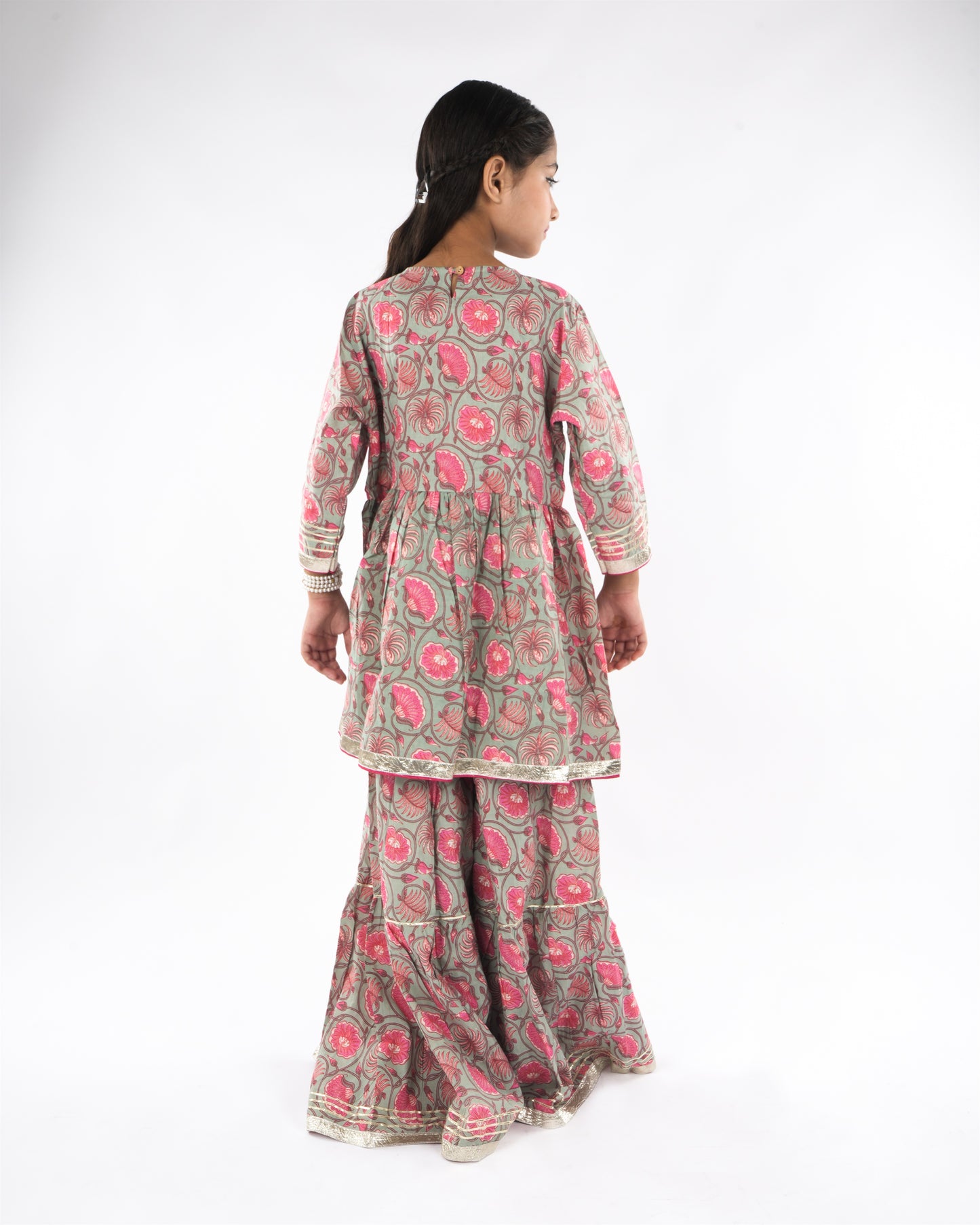 Girls Pure Cotton Anarkali/Flared Kurta, Sharara & Dupatta Set