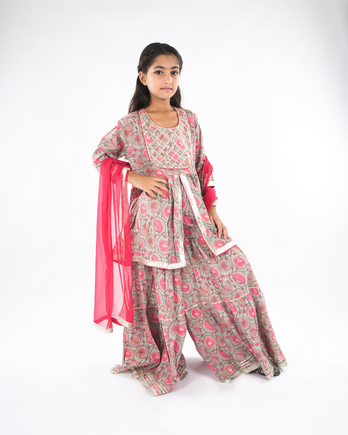 Girls Pure Cotton Anarkali/Flared Kurta, Sharara & Dupatta Set