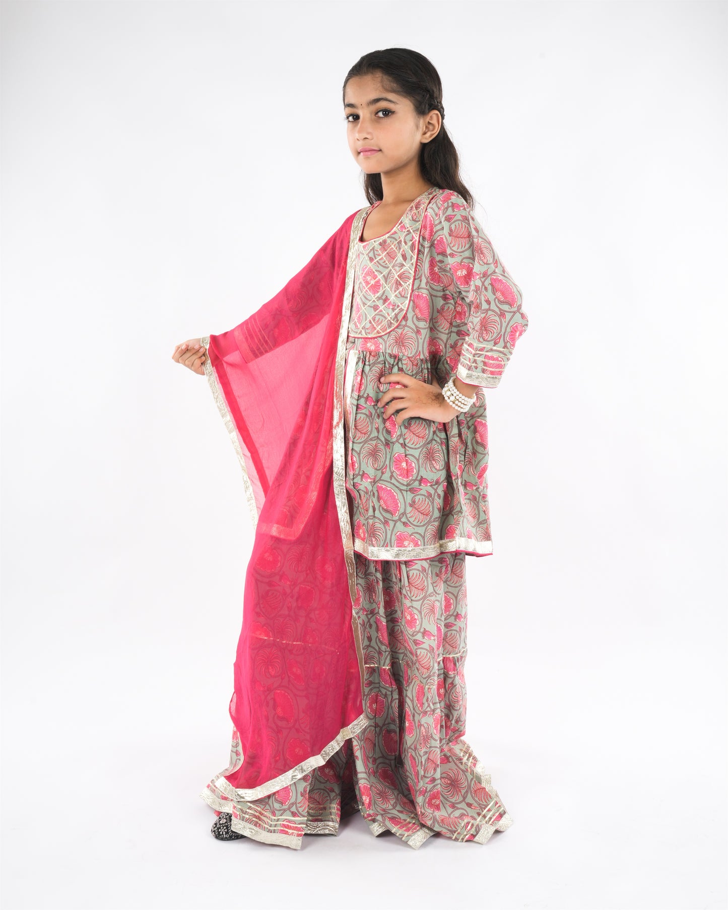 Girls Pure Cotton Anarkali/Flared Kurta, Sharara & Dupatta Set