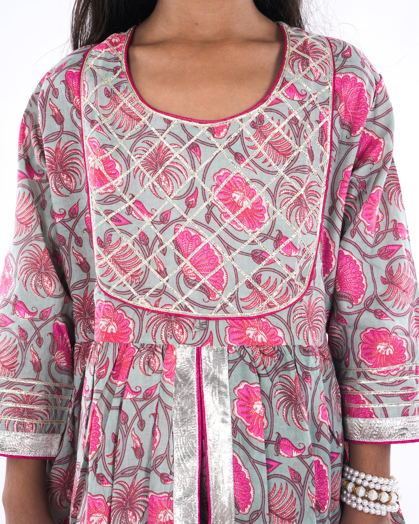 Girls Pure Cotton Anarkali/Flared Kurta, Sharara & Dupatta Set