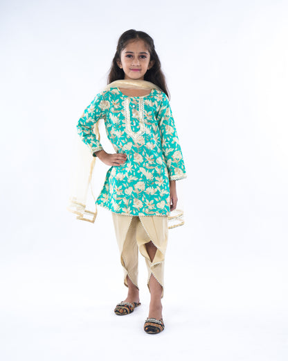 Anuttara Turquoise Pure Cotton Straight Kurta Dhoti Pant & Dupatta Set_FJG1062