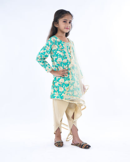 Anuttara Turquoise Pure Cotton Straight Kurta Dhoti Pant & Dupatta Set_FJG1062