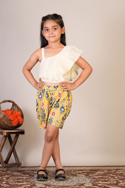 Anuttara Off White Pure Cotton Straight Crop Top & Short Pant_FJG1068