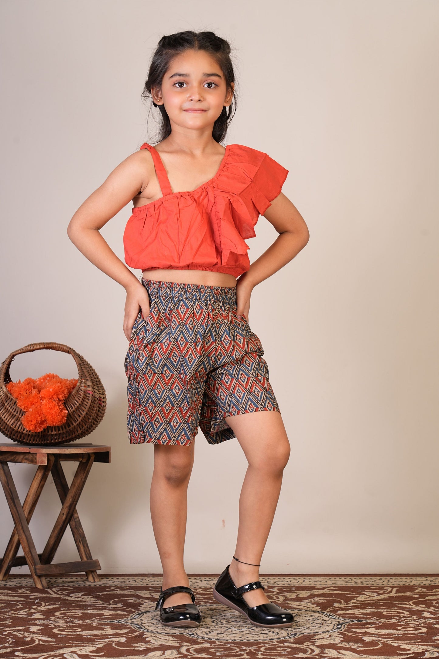 Anuttara Reddish Orange Pure Cotton Straight Crop Top & Short Pant_FJG1070