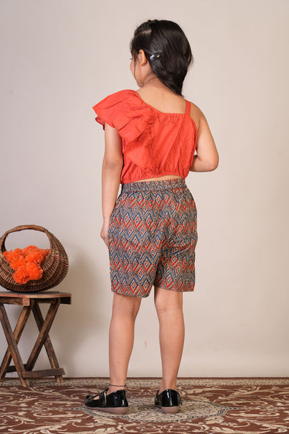 Anuttara Reddish Orange Pure Cotton Straight Crop Top & Short Pant_FJG1070