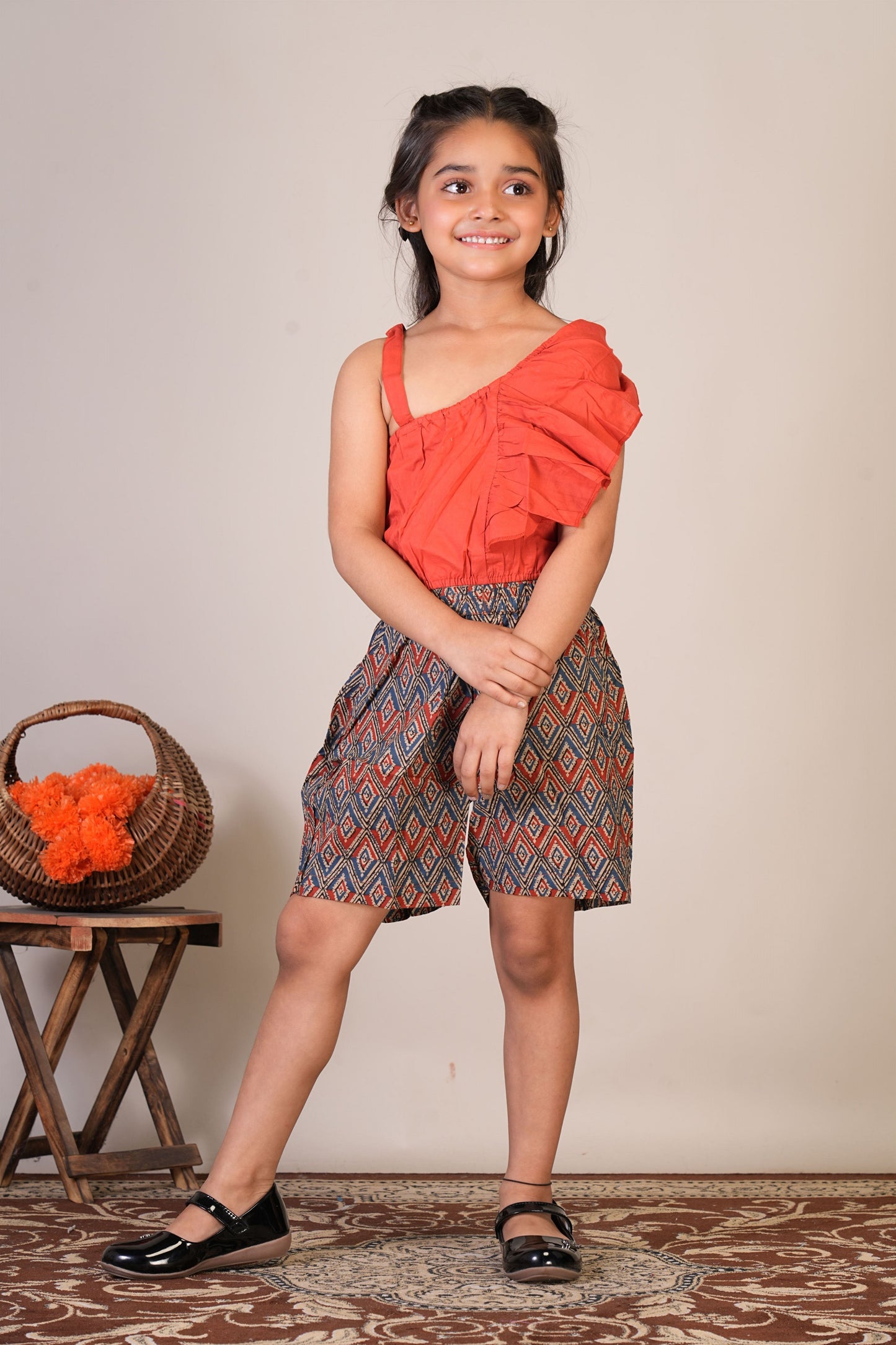 Anuttara Reddish Orange Pure Cotton Straight Crop Top & Short Pant_FJG1070