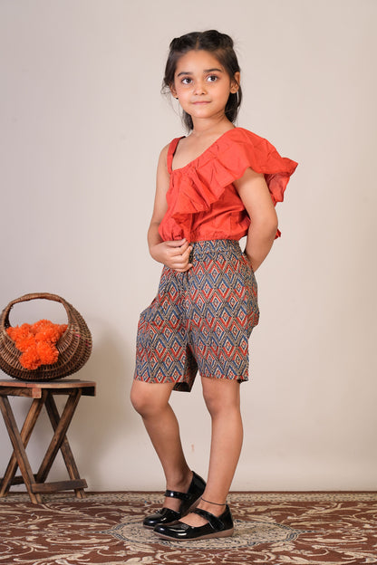 Anuttara Reddish Orange Pure Cotton Straight Crop Top & Short Pant_FJG1070