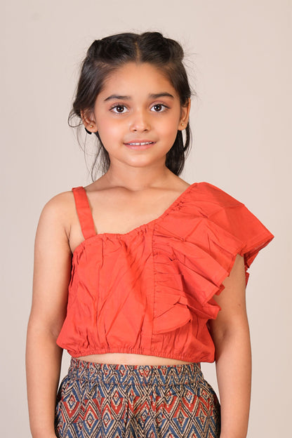 Anuttara Reddish Orange Pure Cotton Straight Crop Top & Short Pant_FJG1070