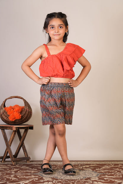 Anuttara Reddish Orange Pure Cotton Straight Crop Top & Short Pant_FJG1070